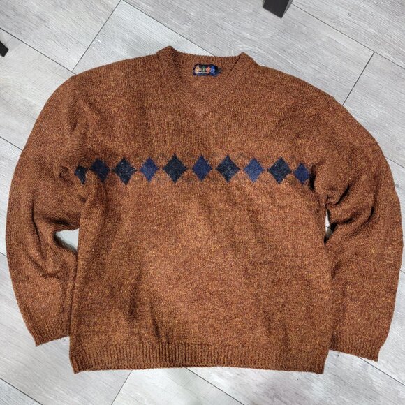 No Excess Melange Chunky Wool Blended Intarsia Argyle Pullover Sweater L Used - Picture 10 of 13
